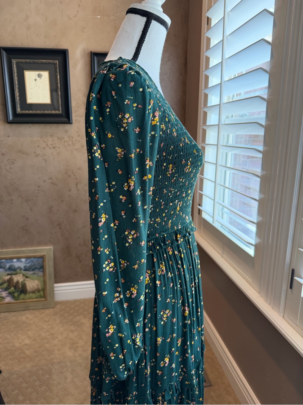 Easel Long Sleeve Tiered Maxi Dress Green with Floral Accents Size Small - Picture 13 of 17